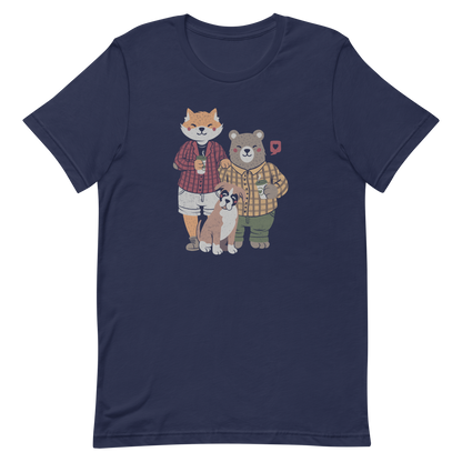A beautiful family made up of a little red fox, a gray bear wearing plaid shirts and having a coffee with their boxer dog. An art that shows that families can be different what matters is love.