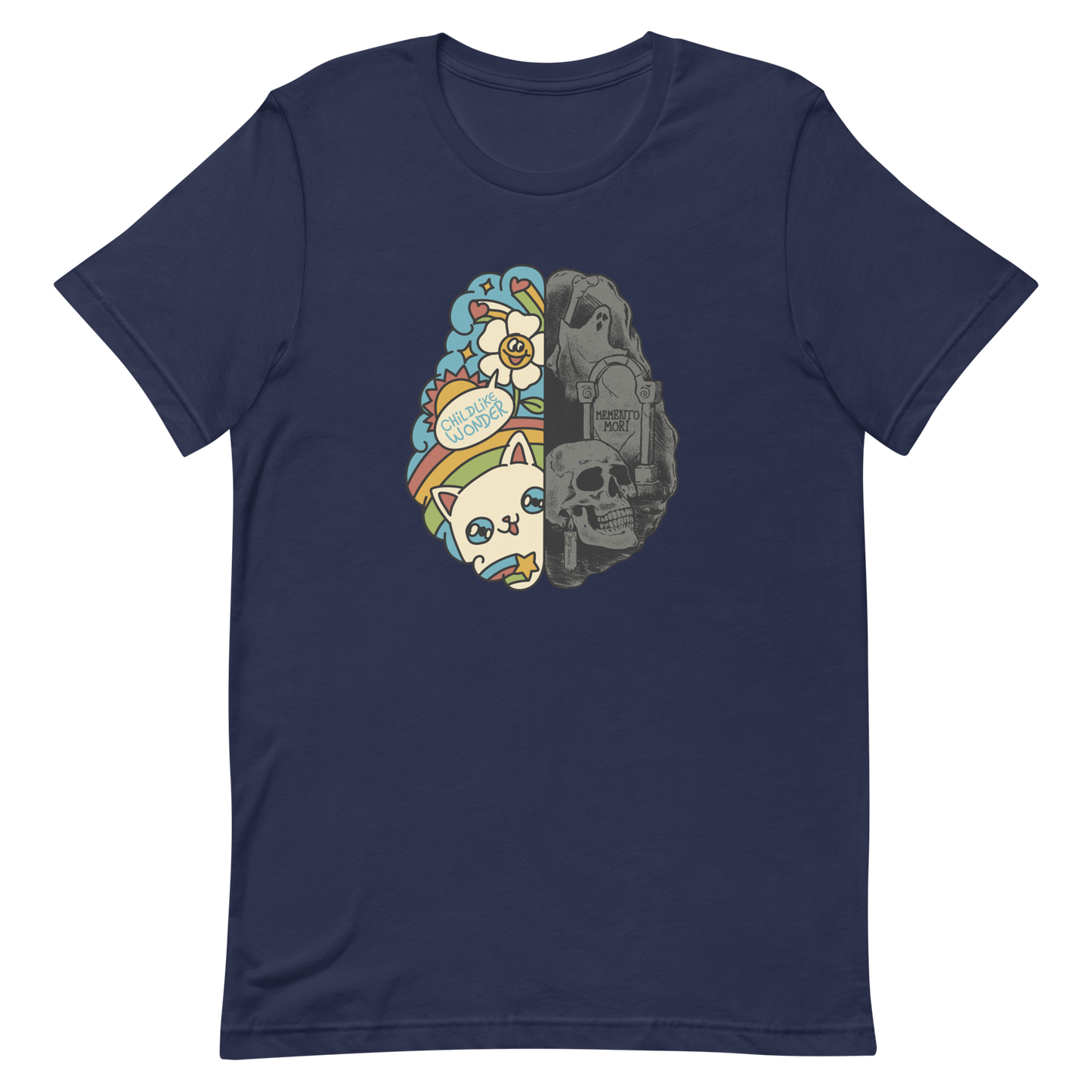 This artwork depicts a split brain, one side cheerful and vibrant with a cute cat, rainbows, and the phrase "Childlike Wonder," the other dark and gothic with skulls and the inscription "Memento Mor". It represents the duality between life and mortality, joy and decay. A perfect choice for fans of art with a macabre yet cute touch, psychological themes, and people who have an inner duality.