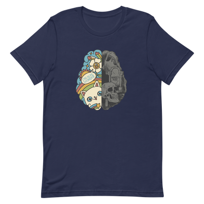 This artwork depicts a split brain, one side cheerful and vibrant with a cute cat, rainbows, and the phrase "Childlike Wonder," the other dark and gothic with skulls and the inscription "Memento Mor". It represents the duality between life and mortality, joy and decay. A perfect choice for fans of art with a macabre yet cute touch, psychological themes, and people who have an inner duality.