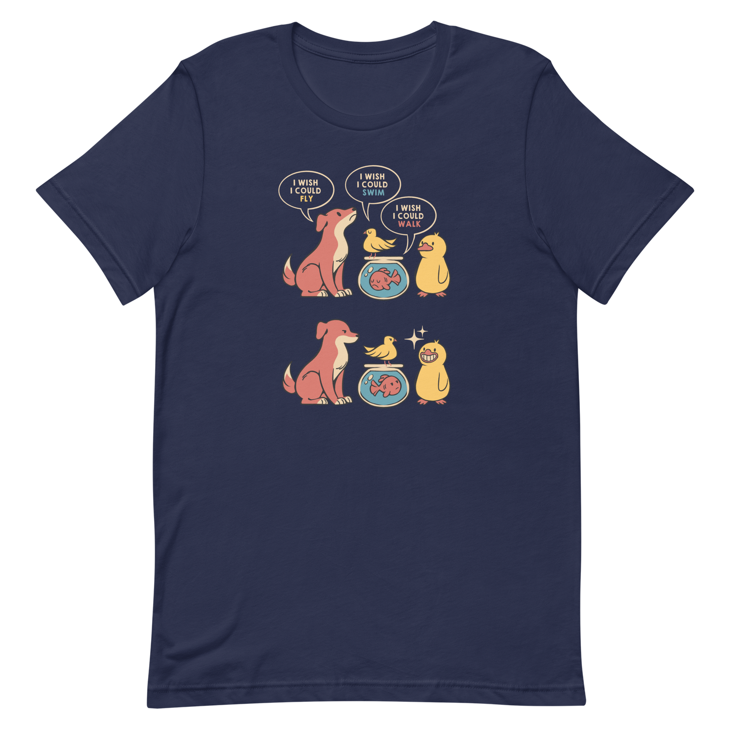 This funny and heartwarming illustration shows a dog, a bird, a fish and a duck each wishing they could do what the others can — fly, swim or walk. In the end, the duck proudly realizes it can do all three, delivering a cute reminder to appreciate your own abilities. A perfect illustration for animal lovers and fans of positive, humorous art.