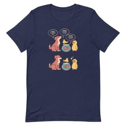 This funny and heartwarming illustration shows a dog, a bird, a fish and a duck each wishing they could do what the others can — fly, swim or walk. In the end, the duck proudly realizes it can do all three, delivering a cute reminder to appreciate your own abilities. A perfect illustration for animal lovers and fans of positive, humorous art.