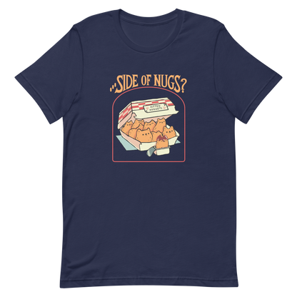 A box of cute, cat-shaped chicken nuggets, with the text "side of nugs?" on top. A work of art that blends humor, kittens, and fast food.