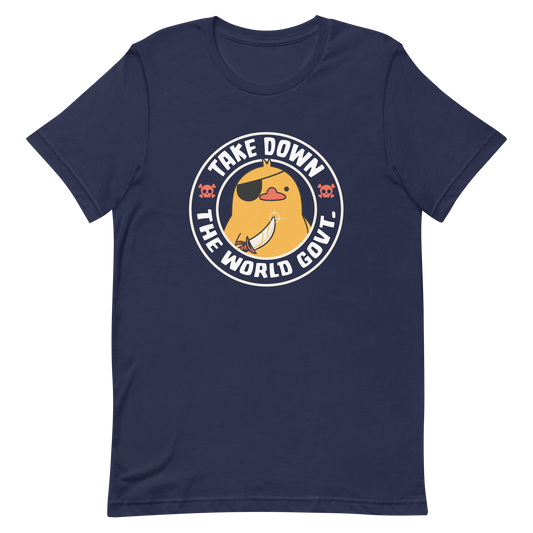 A stamp-like design featuring a fearless duck wearing an eyepatch and wielding a sword, with the words “Take Down The World Govt.” written around it. This artwork represents rebellion and independence for those who refuse to follow rules . Ideal for free-spirited people, pirate adventures appreciators, duck lovers or those who simply enjoy unique and irreverent art.