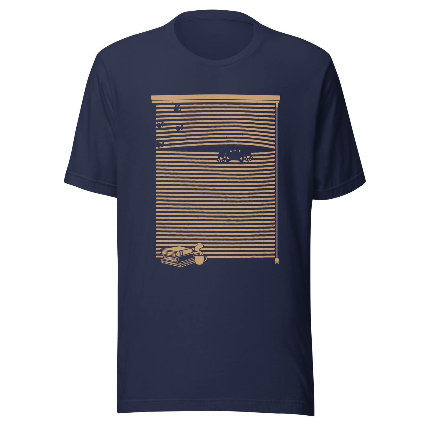 A Venetian blind with a stack of books in front of it and a small black cat peeking through a gap as if spying on the outside world. A charming and playful piece of art, perfect for cat owners, book lovers, and anyone who enjoys cozy, whimsical illustrations.