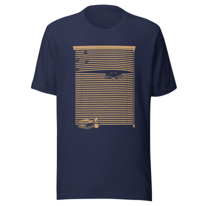 A Venetian blind with a stack of books in front of it and a small black cat peeking through a gap as if spying on the outside world. A charming and playful piece of art, perfect for cat owners, book lovers, and anyone who enjoys cozy, whimsical illustrations.