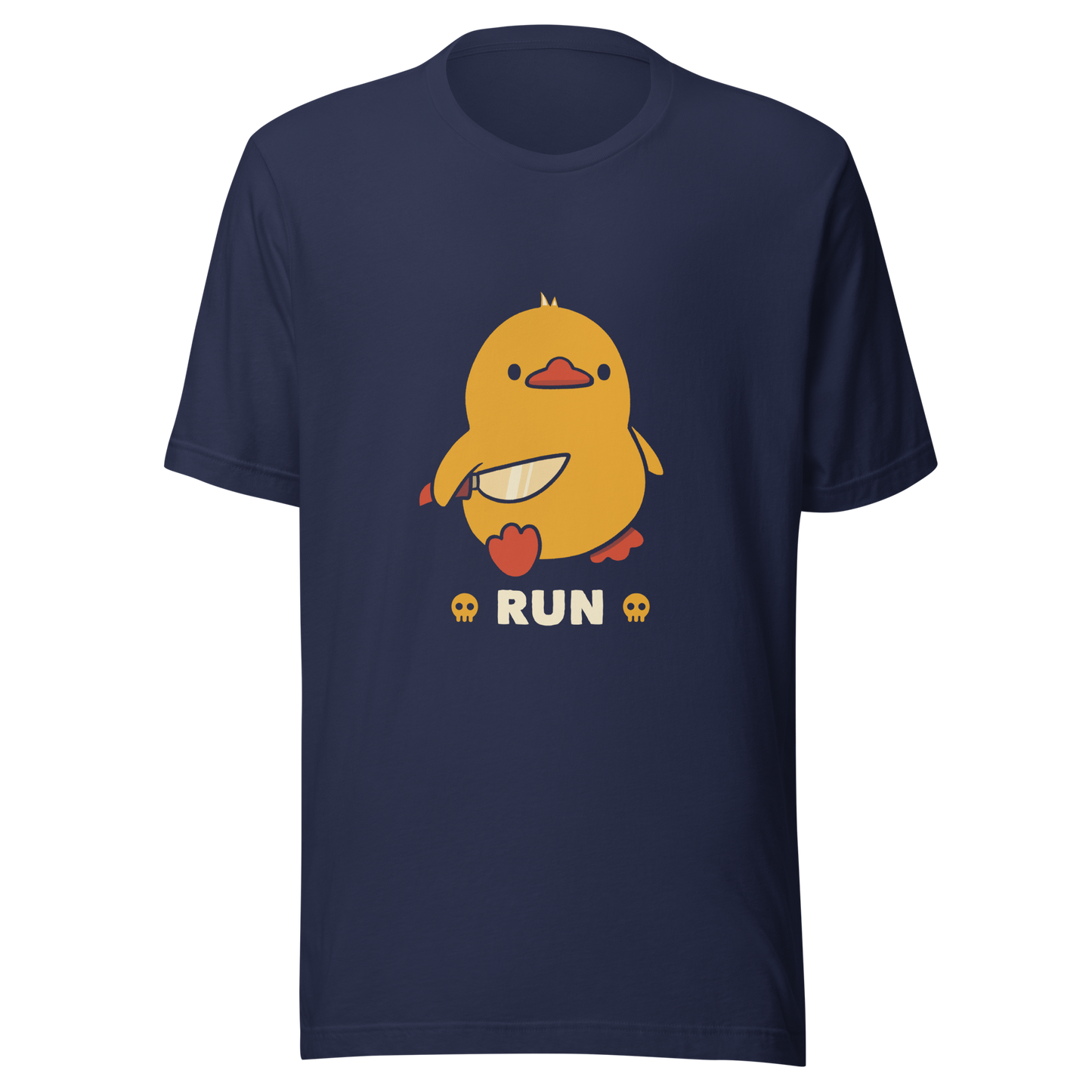 A cute yellow duck holding a small knife, with the text "Run" below it. This artwork blends humor with the ducks temperament.