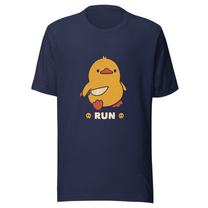 A cute yellow duck holding a small knife, with the text "Run" below it. This artwork blends humor with the ducks temperament.