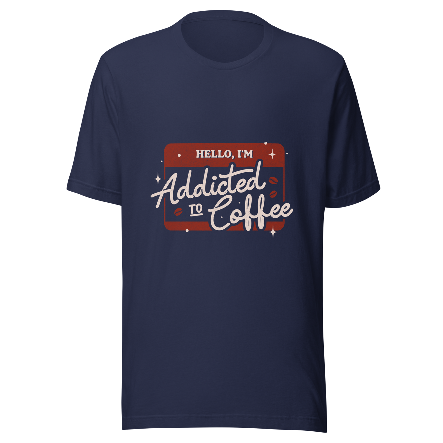 A vintage badge in shades of red with the phrase "Hello, I'm Addicted to 
Coffee" in stylized typography. This design celebrates the passion for coffee 
with a touch of humor. Perfect for coffee lovers, baristas, and everyone who only functions after the first cup.