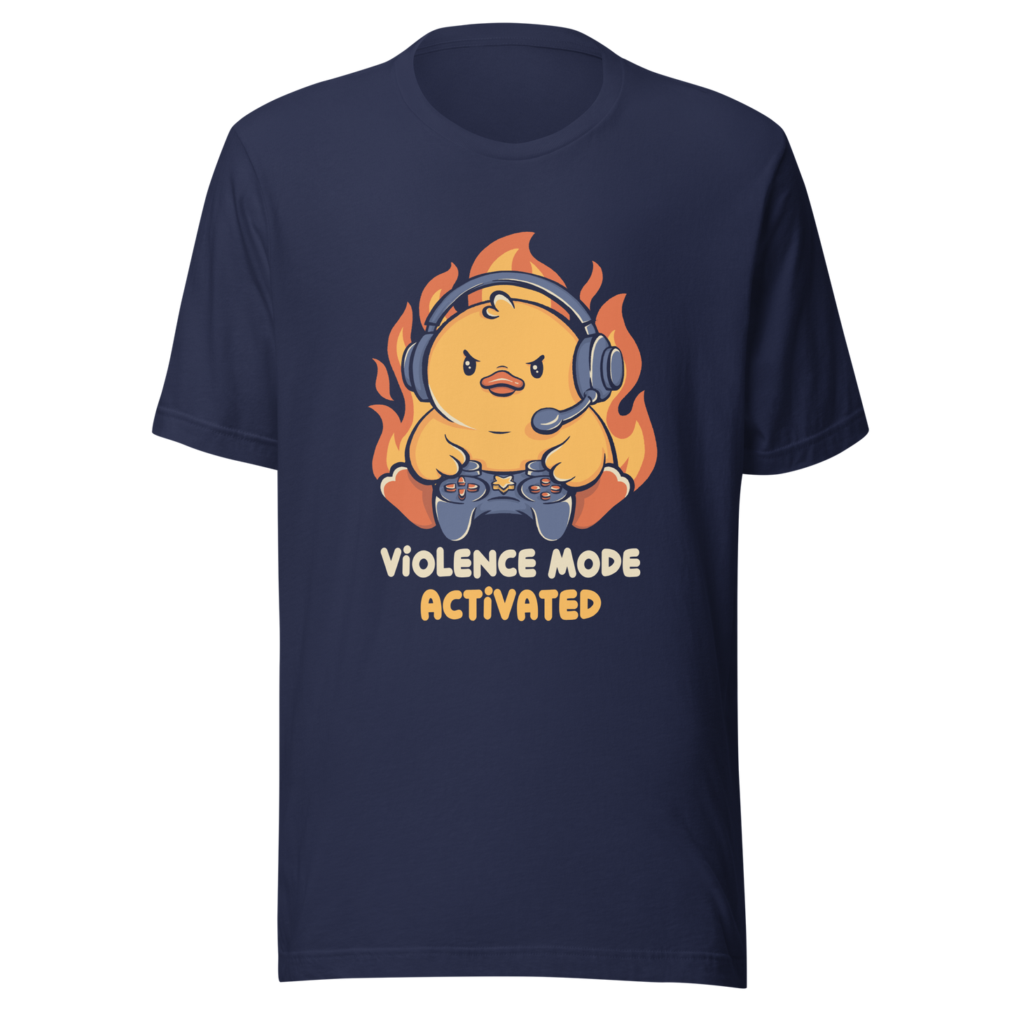 A determined duck, with flames behind it, wearing a gaming headset and holding a controller with intense focus. This design captures the humorous intensity of going full "violence mode" during competitive matches. Perfect for gamers, streamers, and fans of bold and fun geek designs.