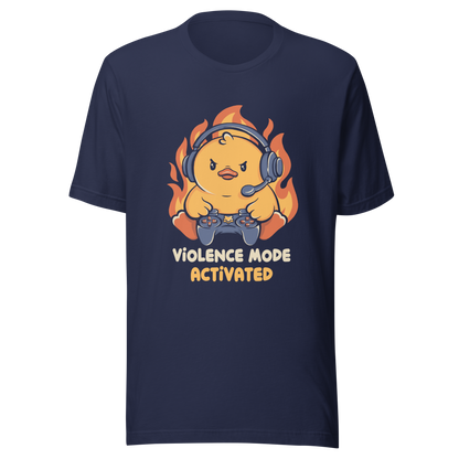 A determined duck, with flames behind it, wearing a gaming headset and holding a controller with intense focus. This design captures the humorous intensity of going full "violence mode" during competitive matches. Perfect for gamers, streamers, and fans of bold and fun geek designs.