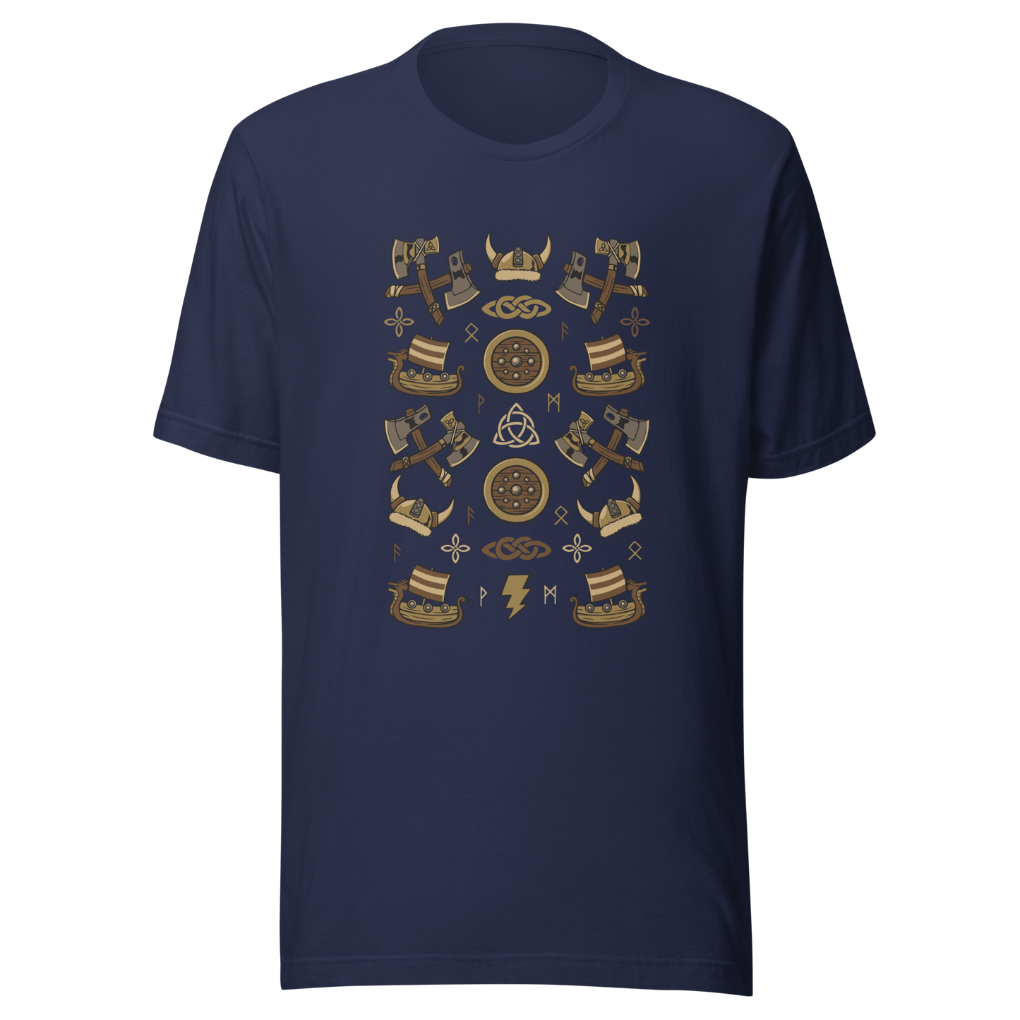 The artwork features a symmetrical illustration with axes, wooden shields, Viking helmets, longships, and runes in earthy tones on a dark background. Each element reinforces the classic Nordic aesthetic, blending iconic symbols with a detailed and super harmonious cartoon style. Perfect for fans of Viking culture, Norse mythology, RPGs, and anyone who loves prints with an epic and stylized vibe.
