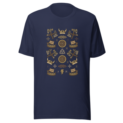 The artwork features a symmetrical illustration with axes, wooden shields, Viking helmets, longships, and runes in earthy tones on a dark background. Each element reinforces the classic Nordic aesthetic, blending iconic symbols with a detailed and super harmonious cartoon style. Perfect for fans of Viking culture, Norse mythology, RPGs, and anyone who loves prints with an epic and stylized vibe.