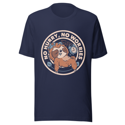 This cute artwork features a sleepy sloth wearing a sleeping cap with an alarm clock next to it and the phrase "no hurry, no worries" around it. This design celebrates the pleasure of slowing down and living without haste. Perfect for those who love light vibes, lazy humor, and prints that embrace a tired soul.