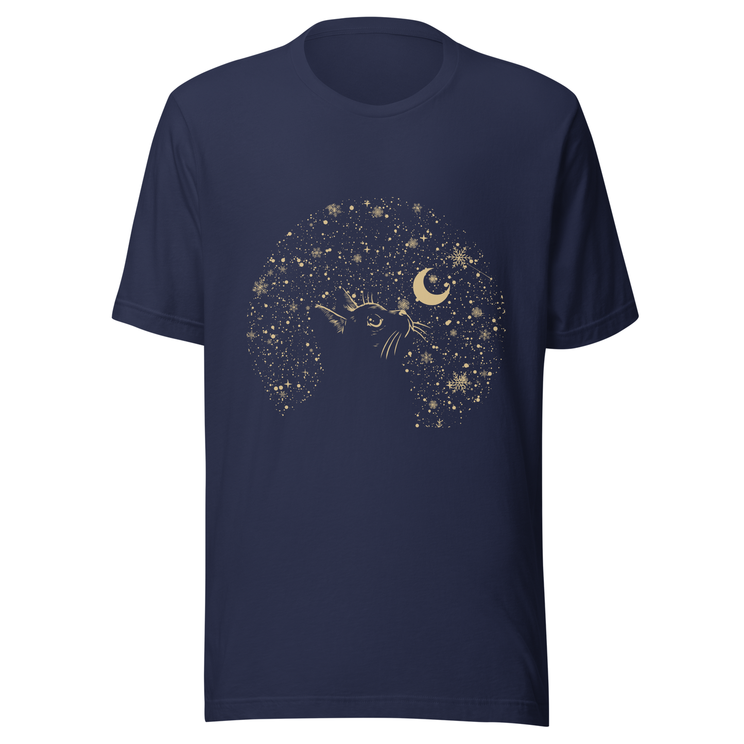 A minimalist artwork featuring a kitten in profile, gazing at the crescent moon on a quiet, moonlit night. A poetic piece, perfect for those who love cats and a slightly melancholic winter atmosphere.