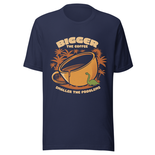 A giant retro-style coffee cup, with a little dinosaur strolling around and palm trees in the background. This design plays on the phrase "Bigger the coffee, smaller the problems," creating a cute and humorous scene about morning survival. Perfect for coffee lovers, dinosaur fans, and those who enjoy fun art.
