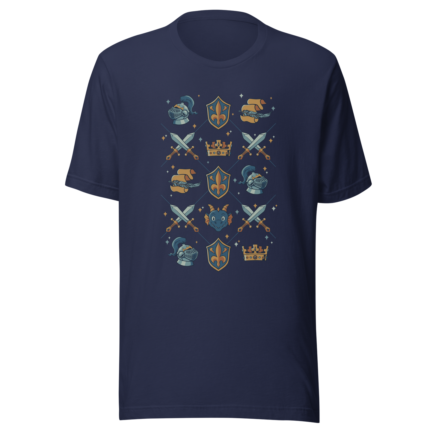 The artwork features swords, knight's helmets, crowns and dragons. Blending medieval fantasy with classic symbols of bravery, royalty, and magic, creating a strong and elegant composition. Ideal for fans of epic fantasy, knights, dragons, and anyone who loves prints with a heroic and stylish vibe.