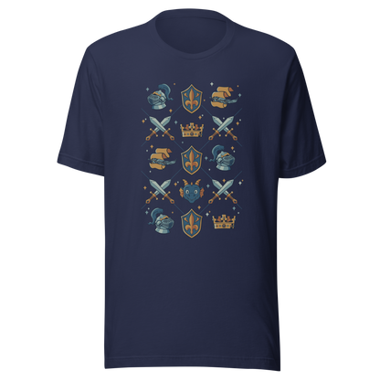 The artwork features swords, knight's helmets, crowns and dragons. Blending medieval fantasy with classic symbols of bravery, royalty, and magic, creating a strong and elegant composition. Ideal for fans of epic fantasy, knights, dragons, and anyone who loves prints with a heroic and stylish vibe.