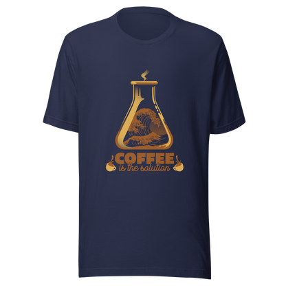 A stylized laboratory flask holding a powerful ocean wave, paired with bold retro typography reading ‘Coffee is the solution’. A playful design that blends science, humor, and coffee culture, perfect for coffee lovers, scientists, students, and anyone who believes caffeine solves most daily problems.