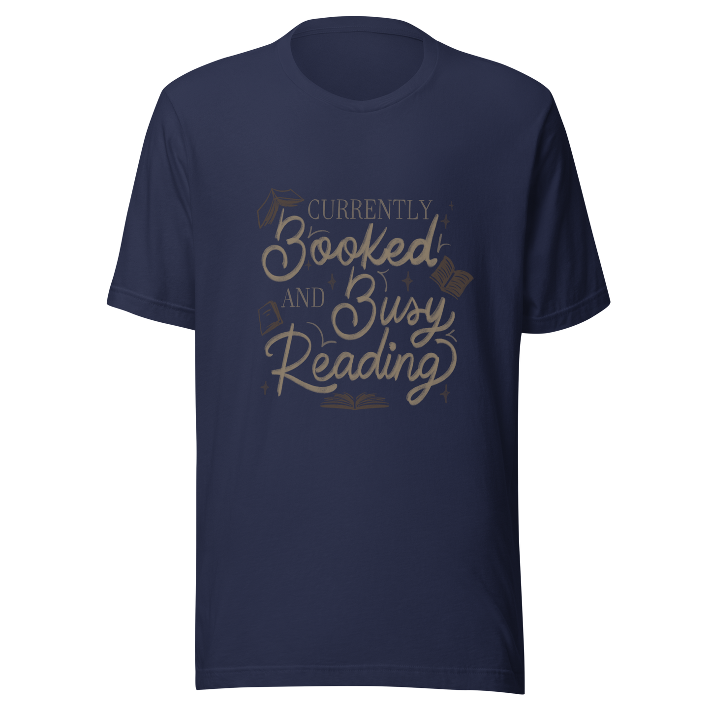 A warm hand-lettered typography featuring the phrase ‘Currently Booked and Busy Reading’, accented with delicate book illustrations and subtle sparkles on a dark background. A cozy, elegant design that celebrates the joy of reading, perfect for book lovers, students, introverts, and anyone who would rather be reading.