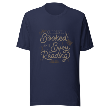 A warm hand-lettered typography featuring the phrase ‘Currently Booked and Busy Reading’, accented with delicate book illustrations and subtle sparkles on a dark background. A cozy, elegant design that celebrates the joy of reading, perfect for book lovers, students, introverts, and anyone who would rather be reading.