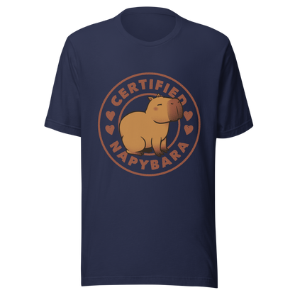 An art piece in warm beige and brown tones featuring a relaxed, sleepy capybara sitting peacefully beside the phrase “Certified Napybara”. A cozy, humorous design perfect for anyone who relates to slow days, loves capybaras, and fully embraces the art of taking naps.