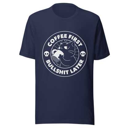 A black cat enjoys a hot cup of coffee, surrounded by the phrase “Coffee First Bullshit Later” adorned with skulls. This design combines dark humor with a touch of humor, perfect for those who face the day with equal doses of coffee and sarcasm. Made for lovers of felines, sarcasm and that extra dose of morning caffeine.