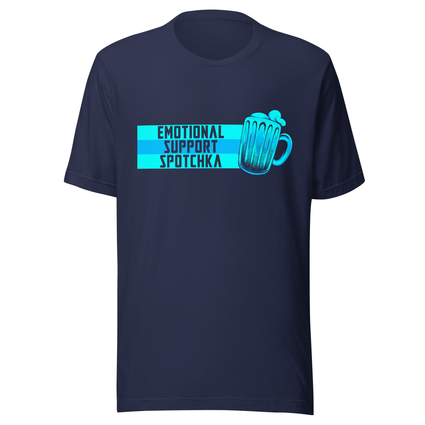 The design features a stylized mug filled with a frothy beverage, colored in vibrant shades of blue. Next to the mug, bold text reads 'EMOTIONAL SUPPORT SPOTCHKA'. The use of color and font style gives it a playful, pop-culture vibe, hinting at something fantastical or sci-fi influenced.