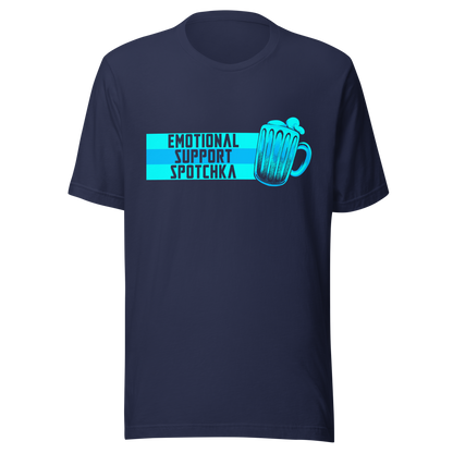 The design features a stylized mug filled with a frothy beverage, colored in vibrant shades of blue. Next to the mug, bold text reads 'EMOTIONAL SUPPORT SPOTCHKA'. The use of color and font style gives it a playful, pop-culture vibe, hinting at something fantastical or sci-fi influenced.