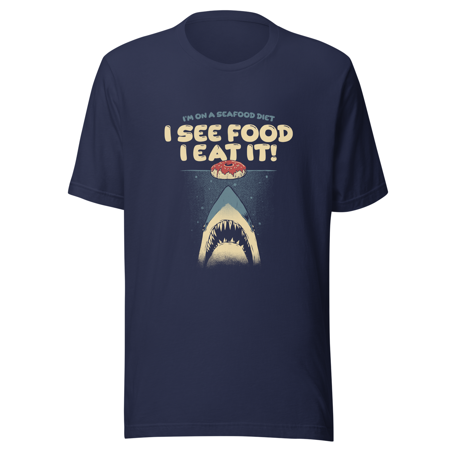 A shark rising from the water toward a floating donut, paired with playful retro typography. The artwork uses visual humor and a classic joke to create a fun, eye-catching composition with strong graphic contrast. Perfect for humor lovers, food fans, and anyone who enjoys witty designs with a slightly cheeky twist.
