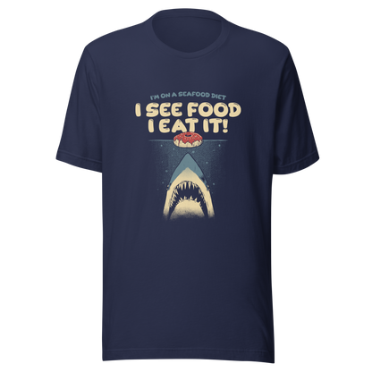 A shark rising from the water toward a floating donut, paired with playful retro typography. The artwork uses visual humor and a classic joke to create a fun, eye-catching composition with strong graphic contrast. Perfect for humor lovers, food fans, and anyone who enjoys witty designs with a slightly cheeky twist.