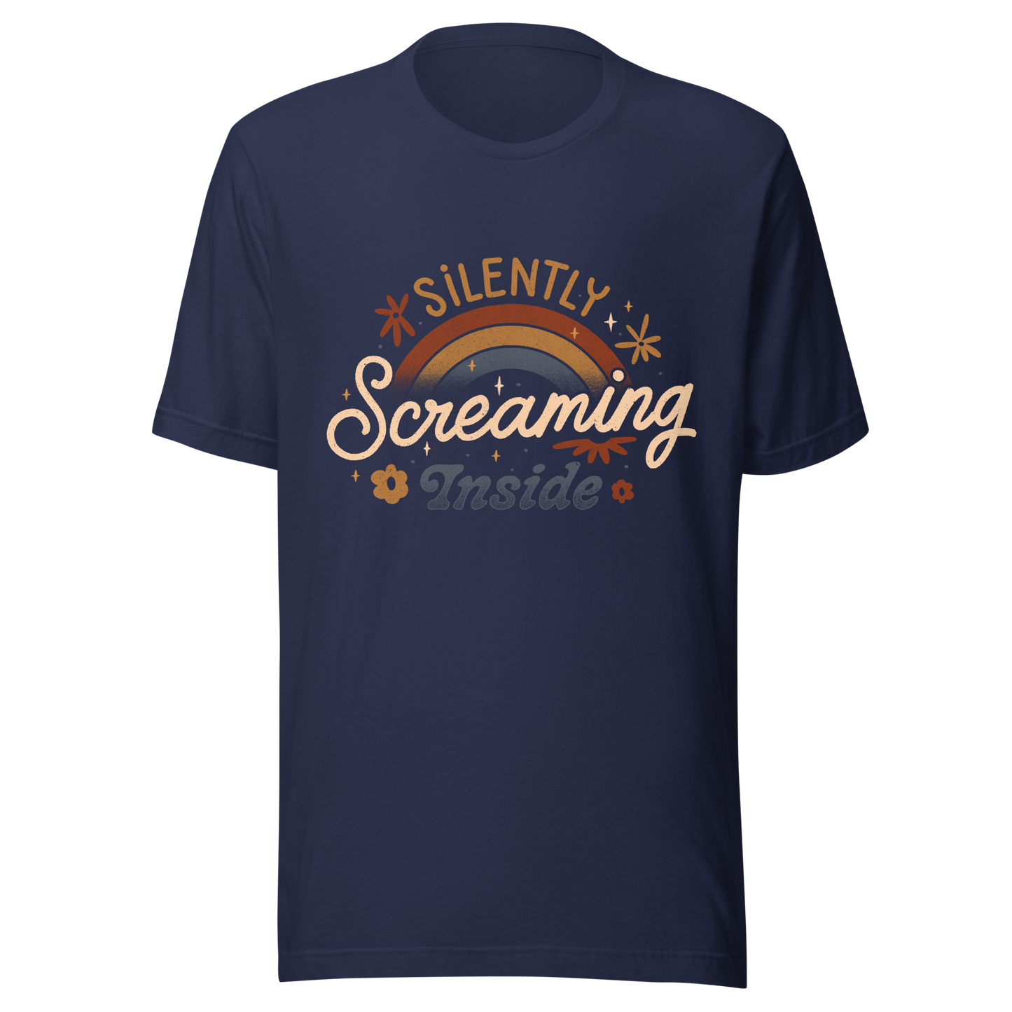 A fun and cute lettering design with a rainbow in the background and the phrase ‘Silently Screaming Inside’. The contrast between cheerful visuals and dark humour makes it perfect for those who cope with irony and sarcasm.