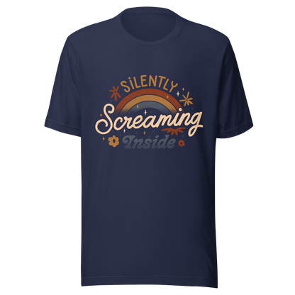 A fun and cute lettering design with a rainbow in the background and the phrase ‘Silently Screaming Inside’. The contrast between cheerful visuals and dark humour makes it perfect for those who cope with irony and sarcasm.