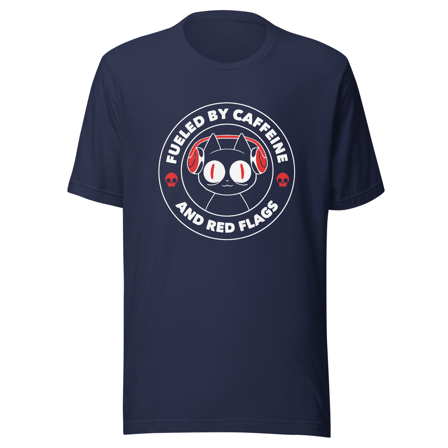 A stamp-style illustration of a black cat wearing headphones, featuring the phrase “Fueled by Caffeine and Red Flags”. A humorous and ironic design perfect for coffee lovers, chaotic souls, and anyone who embraces their red flags with style.