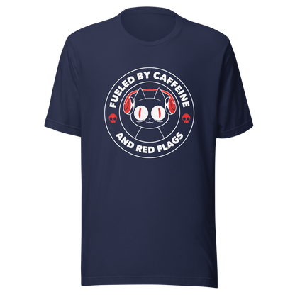 A stamp-style illustration of a black cat wearing headphones, featuring the phrase “Fueled by Caffeine and Red Flags”. A humorous and ironic design perfect for coffee lovers, chaotic souls, and anyone who embraces their red flags with style.
