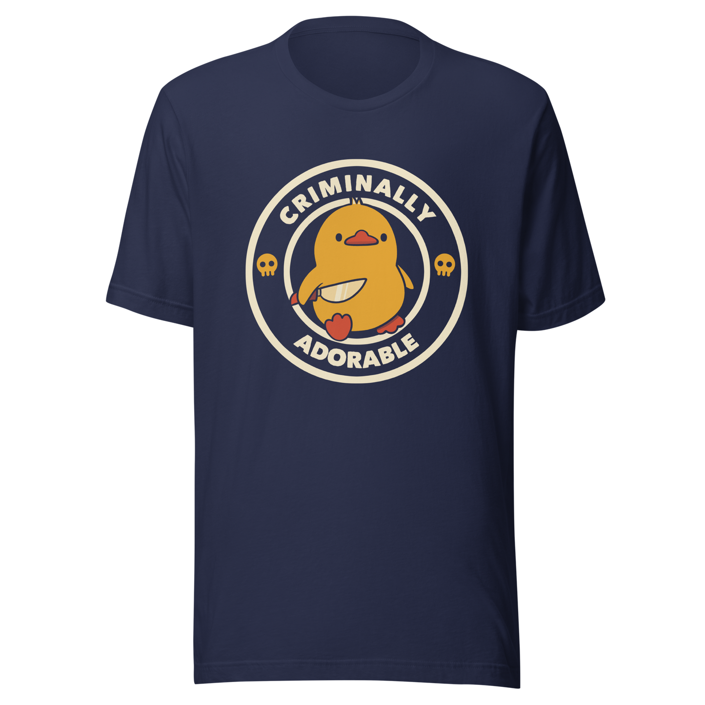 A cute yellow duck holding a small knife, around it the text "Criminally Adorable". An art that mixes humor with the temperament of ducks.