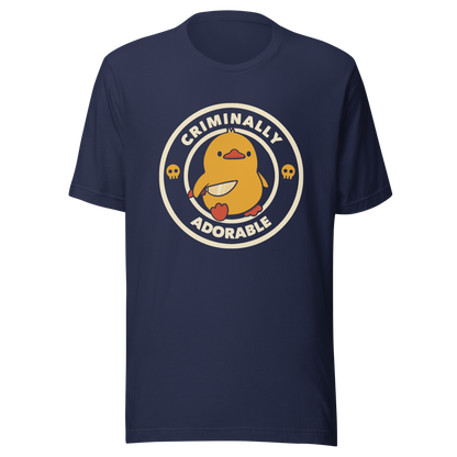 A cute yellow duck holding a small knife, around it the text "Criminally Adorable". An art that mixes humor with the temperament of ducks.