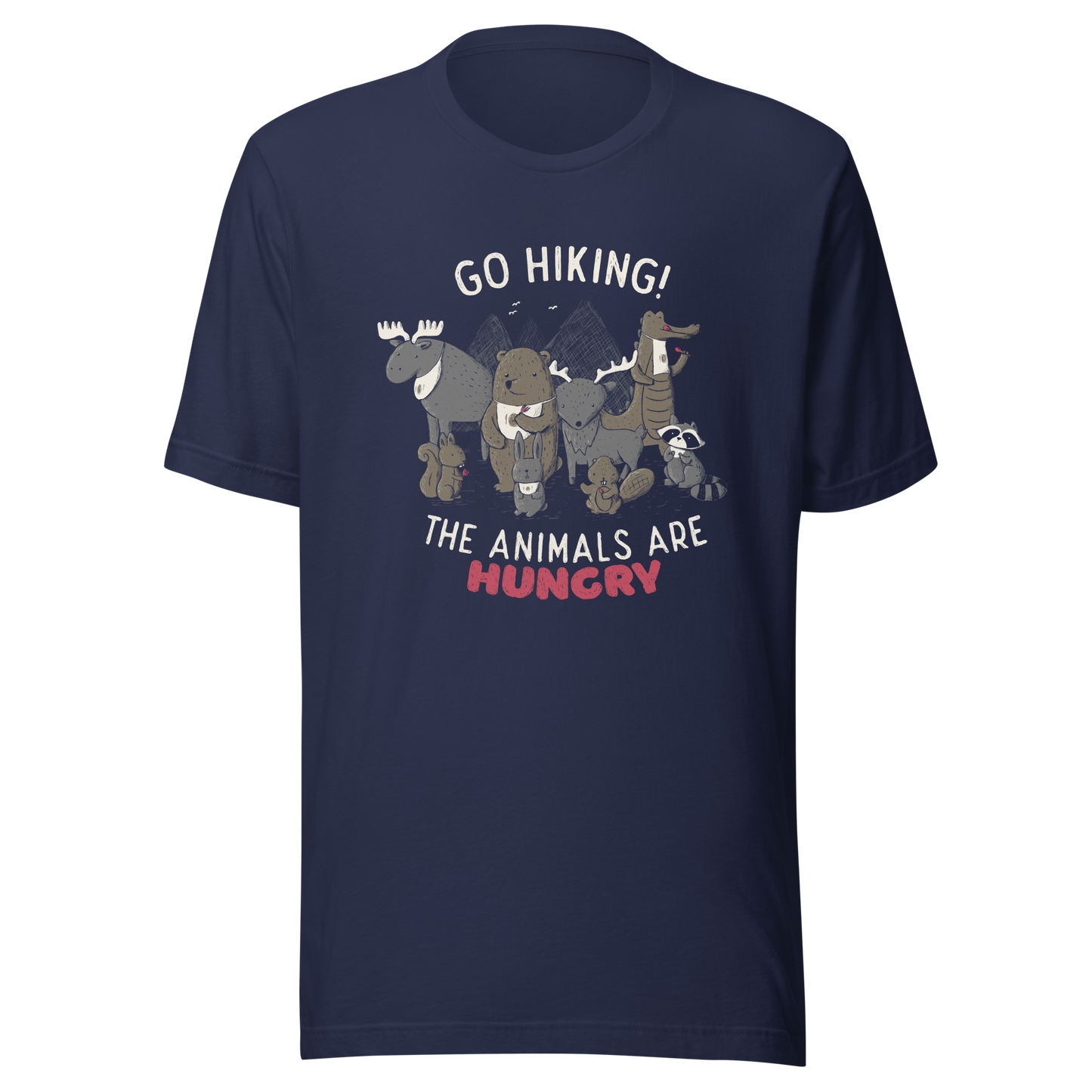 A playful nighttime illustration of cute animals gathered around a meal, holding utensils and napkins, ready to eat. Paired with the humorous phrase “Go Hiking! The Animals Are Hungry”, this whimsical design is perfect for animal lovers, fans of ironic humour, and anyone who enjoys fun art with a cheeky twist.