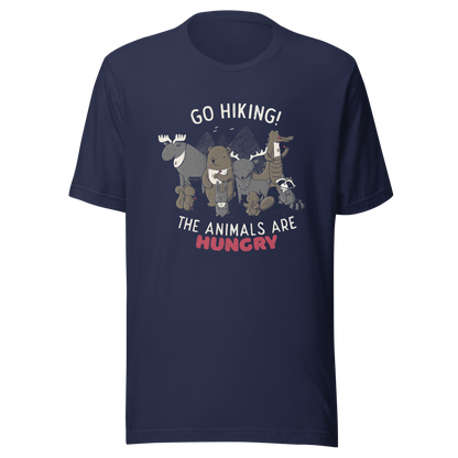 A playful nighttime illustration of cute animals gathered around a meal, holding utensils and napkins, ready to eat. Paired with the humorous phrase “Go Hiking! The Animals Are Hungry”, this whimsical design is perfect for animal lovers, fans of ironic humour, and anyone who enjoys fun art with a cheeky twist.