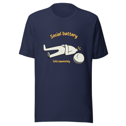 A cute character lying on the ground with their head separated from their body, paired with the phrase “Social Battery Sold Separately”. This humorous design captures the feeling of having no energy left for social interaction. Perfect for introverts and anyone who needs time alone to recharge, it’s a relatable and playful reminder that not everyone comes with a full social battery.