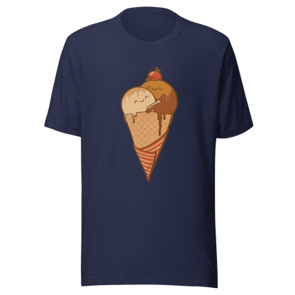A cute illustration of an ice cream cone and two scoops hugging to form a heart, celebrating love, sweetness, and playful vibes. Perfect for dessert lovers and fans of adorable art.