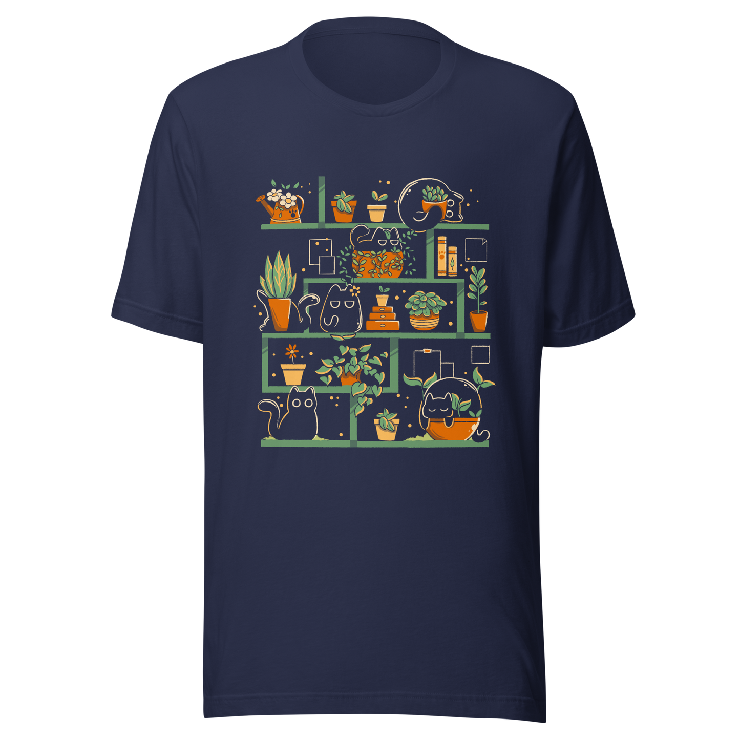 A minimalist illustration of a charming bookcase filled with lush potted plants and adorable kittens nestled among them. A cute and funny design, perfect for cat lovers, plant enthusiasts, and cosy decor fans.