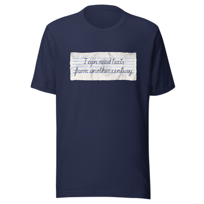 A minimalist artwork featuring handwritten lettering on crumpled, vintage notebook-style paper. The phrase “I can read texts from another century” blends nostalgia and ironic humour, making it perfect for book lovers, history enthusiasts, and literary nerds.