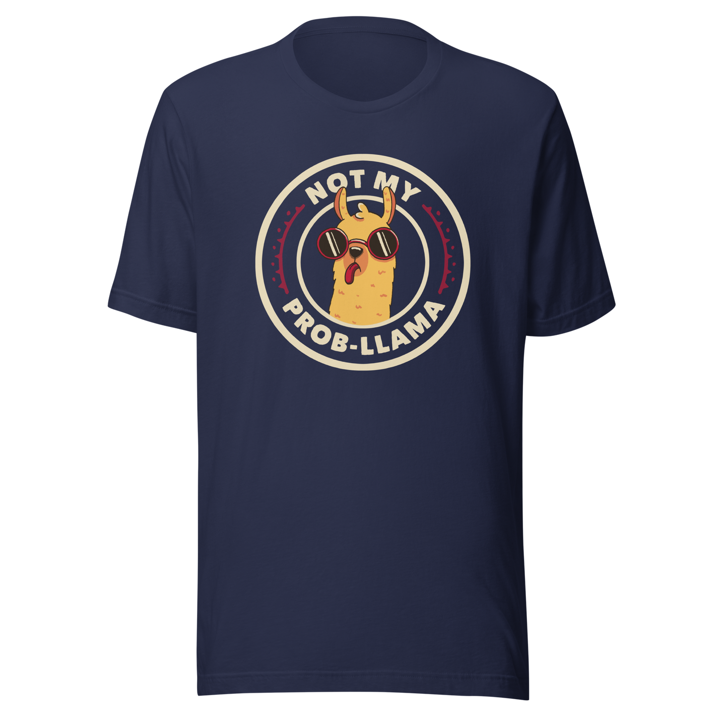 A delightful stamp-style illustration featuring a playful llama wearing sunglasses and sticking out its tongue. Framing the image is the witty phrase “Not My Prob-Llama,” adding a humorous twist to the llama’s carefree attitude. Fun, lighthearted, and full of personality, this artwork is perfect for anyone who loves llamas and enjoys a touch of sarcastic humor.