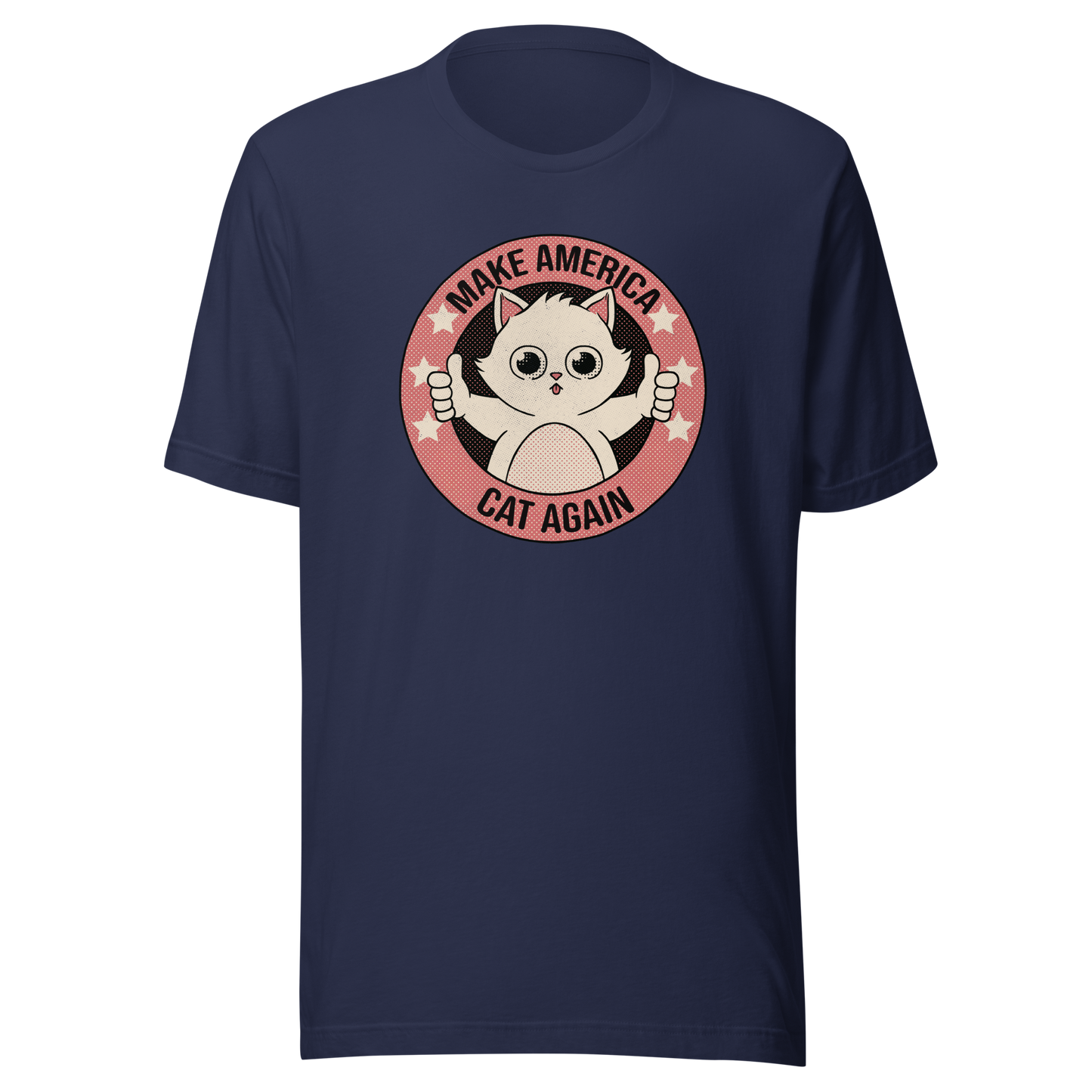 A stamp-style illustration of a cute kitten giving a two-finger thumbs-up, paired with the humorous phrase “Make America Cat Again”. A fun, ironic design for cat lovers and fans of playful pop culture art.