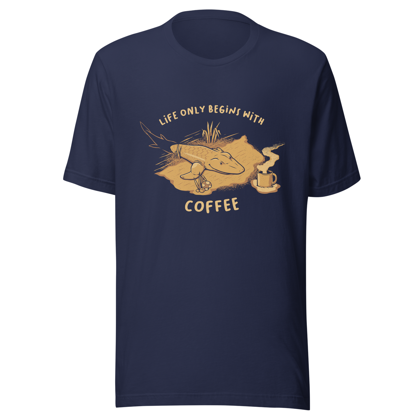 This funny illustration shows a tadpole evolving into a terrestrial creature while reaching for a cup of coffee. Paired with the phrase ‘Life Begins After Coffee Evolution’, the artwork humorously compares human evolution to our daily need for coffee.