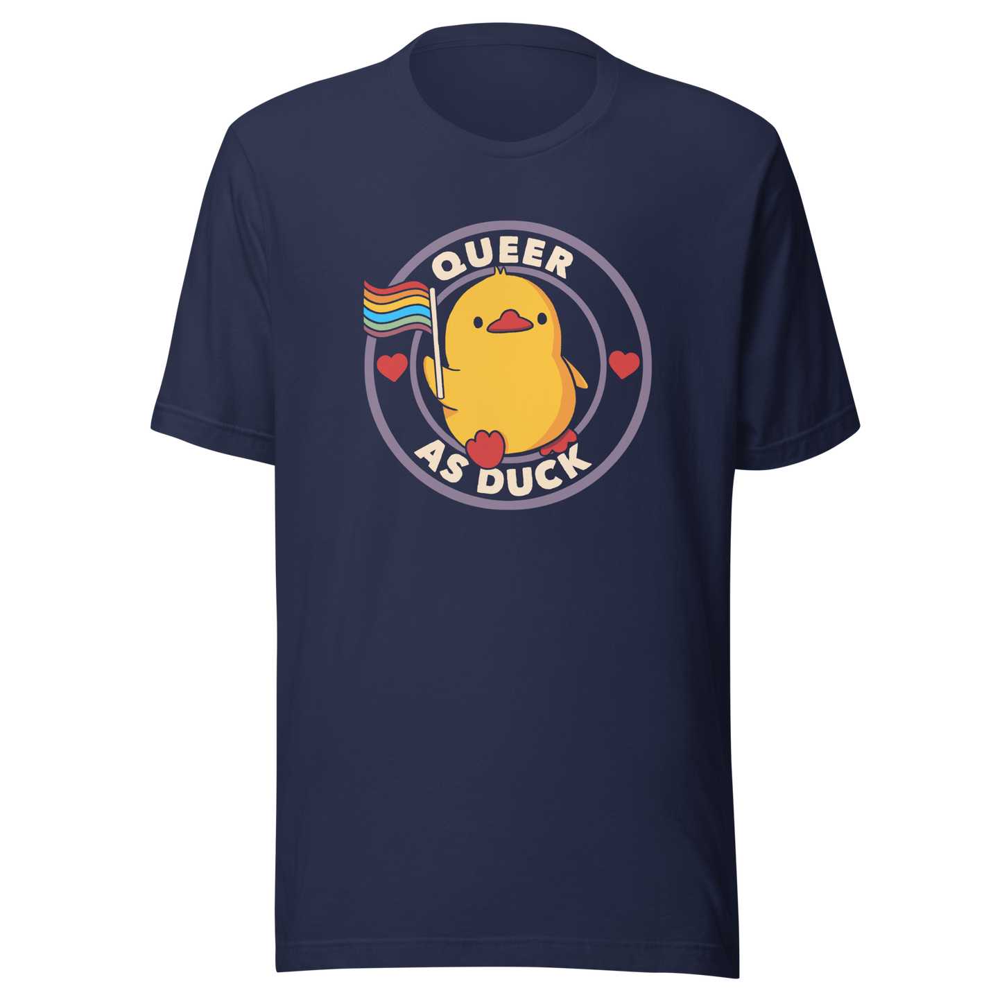 A stamp featuring an adorable duckling holding the LGBTQ flag, surrounded by the text "Queer as Duck". This charming artwork serves as a perfect way to display your support for LGBTQ rights.