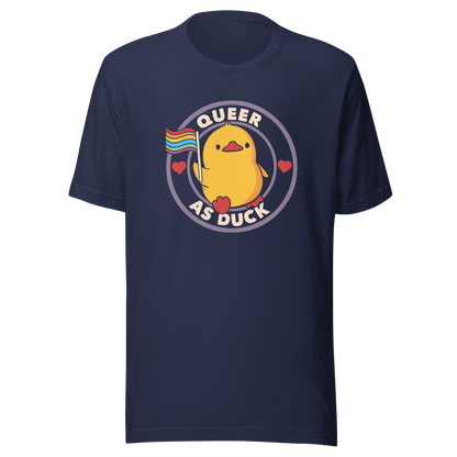 A stamp featuring an adorable duckling holding the LGBTQ flag, surrounded by the text "Queer as Duck". This charming artwork serves as a perfect way to display your support for LGBTQ rights.