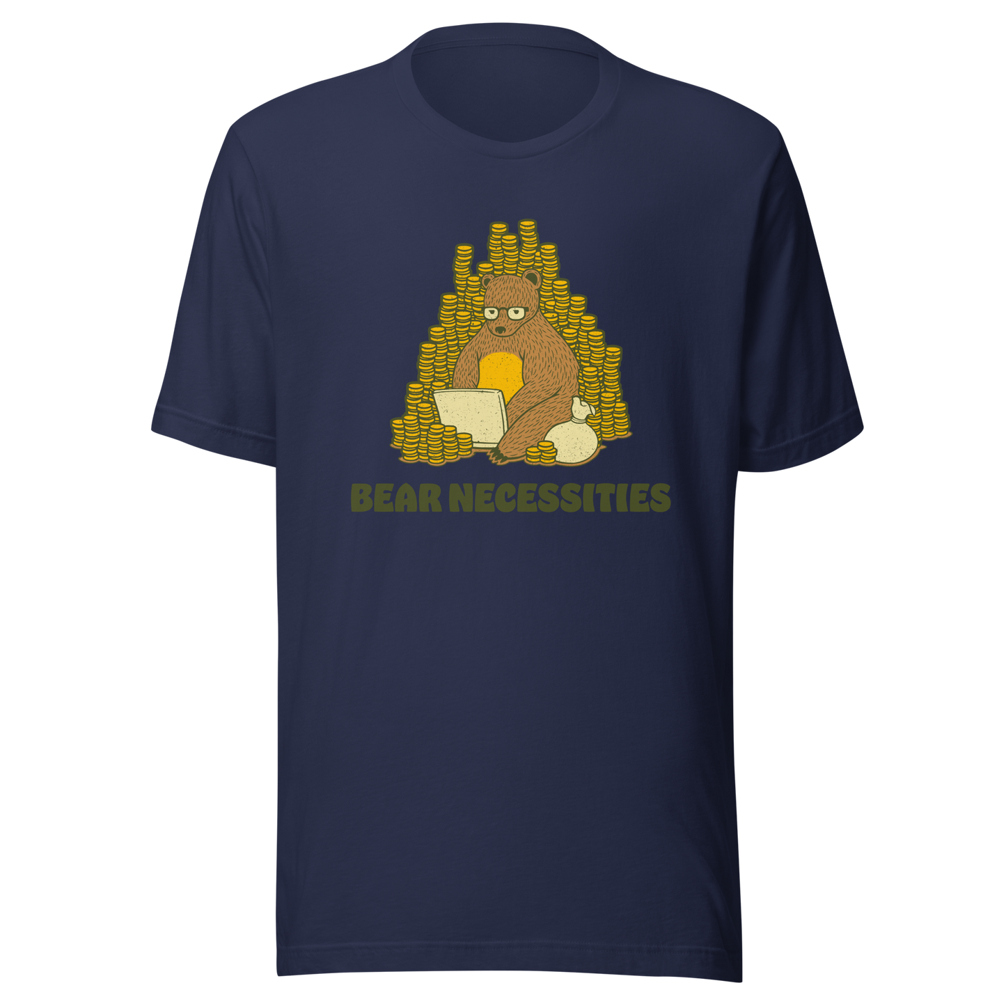 A brown bear wearing glasses works on his laptop, surrounded by stacks of coins. The phrase ‘Bear Necessities’ adds a clever, humorous twist. A minimalist and playful design, perfect for entrepreneurs, freelancers, office lovers and fans of witty animal art.
