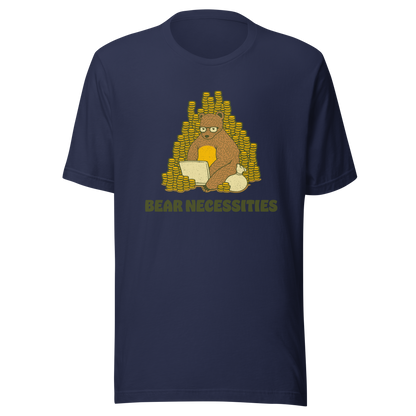 A brown bear wearing glasses works on his laptop, surrounded by stacks of coins. The phrase ‘Bear Necessities’ adds a clever, humorous twist. A minimalist and playful design, perfect for entrepreneurs, freelancers, office lovers and fans of witty animal art.