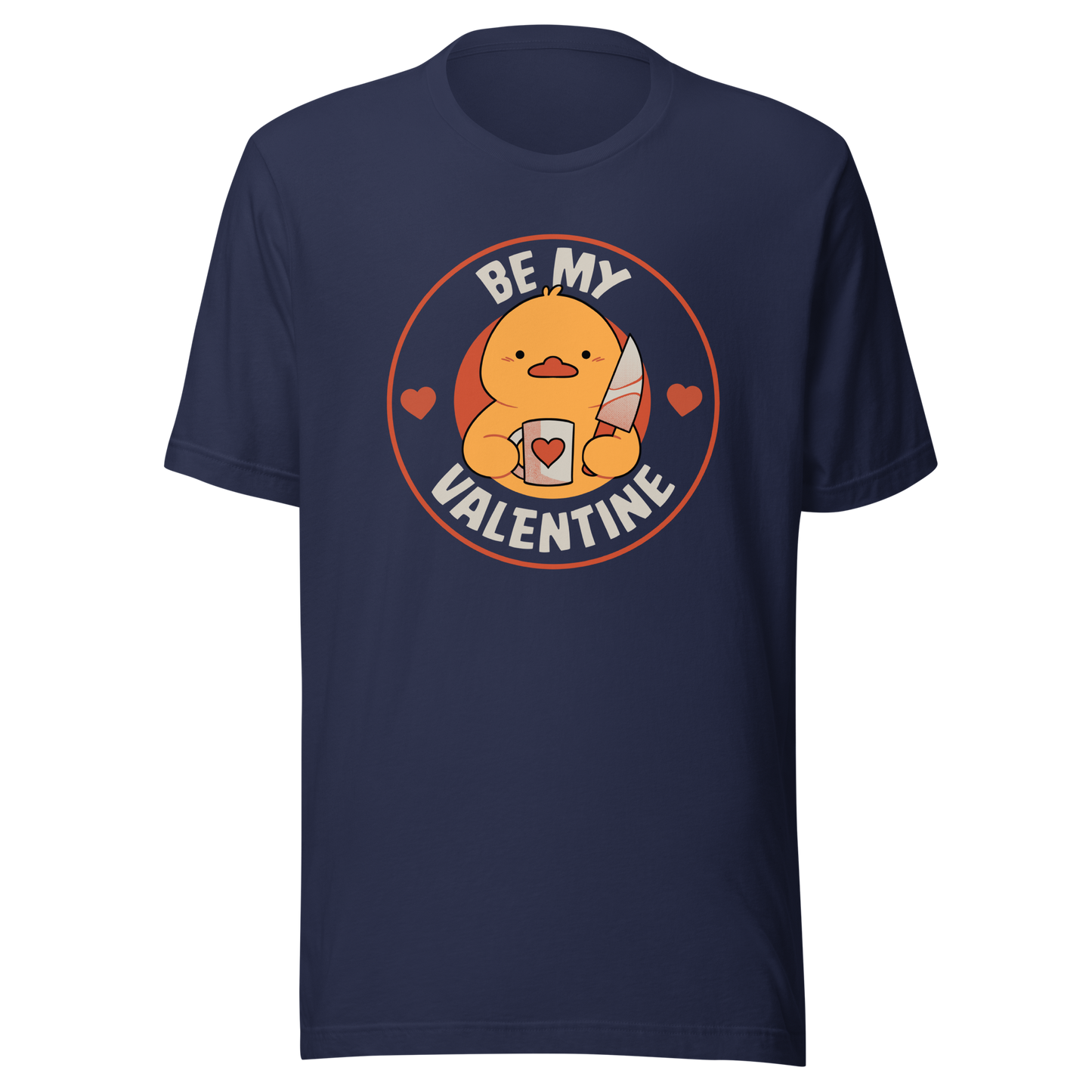 A cute duckling holding a heart-shaped coffee mug and a small knife, paired with the phrase ‘Be My Valentine Funny Duck’. A playful mix of cuteness and dark humor, perfect for coffee lovers and fans of ironic, quirky art.